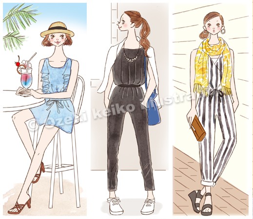 オールインワンコーデ女性イラスト